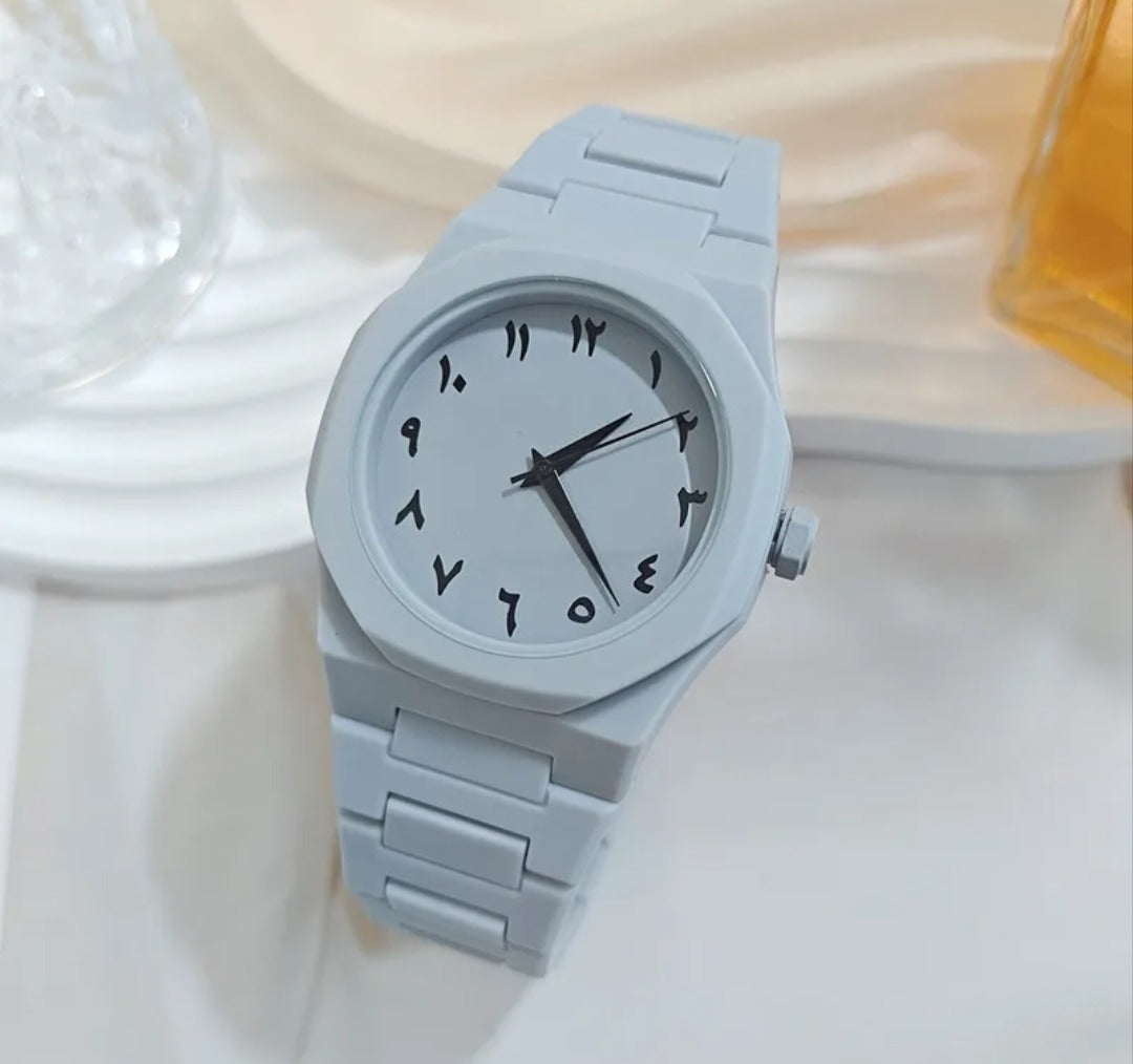 Elegant Minimalist Watch with Eastern Arabic Numerals & Integrated Octagonal Bezel Case - Modern Architectural Style Unisex Timepiece ( grey ).