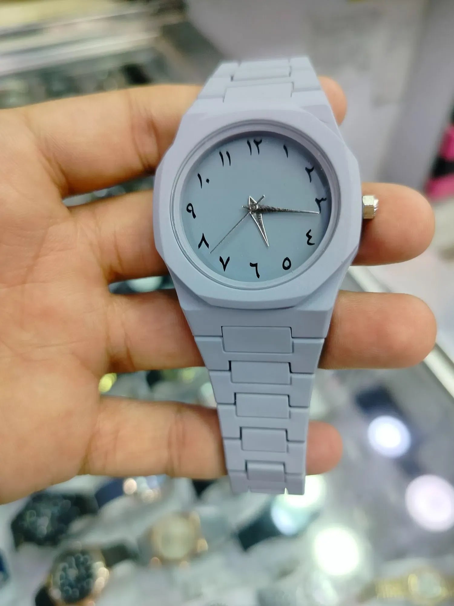 Elegant Minimalist Watch with Eastern Arabic Numerals & Integrated Octagonal Bezel Case - Modern Architectural Style Unisex Timepiece ( grey ).