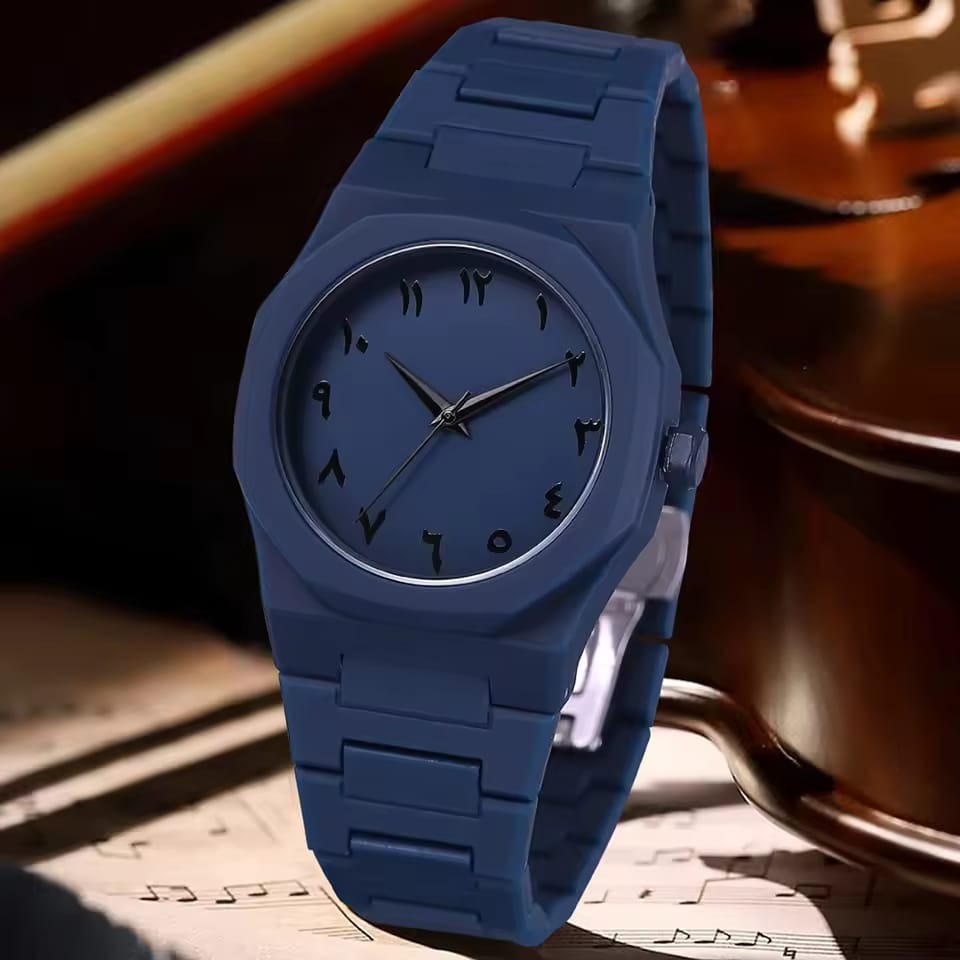 Elegant Minimalist Watch with Eastern Arabic Numerals & Integrated Octagonal Bezel Case - Modern Architectural Style Unisex Timepiece ( blue )