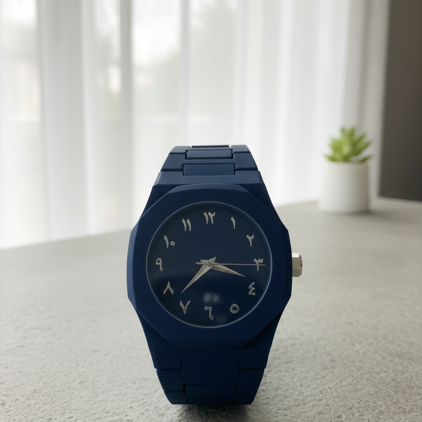 Elegant Minimalist Watch with Eastern Arabic Numerals & Integrated Octagonal Bezel Case - Modern Architectural Style Unisex Timepiece ( blue )