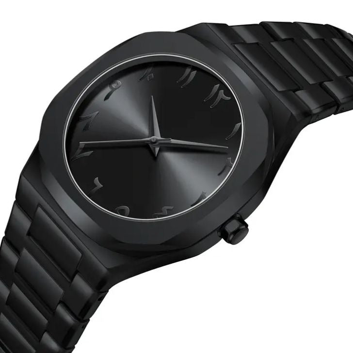 Elegant Minimalist Watch with Eastern Arabic Numerals & Integrated Octagonal Bezel Case - Modern Architectural Style Unisex Timepiece ( black )