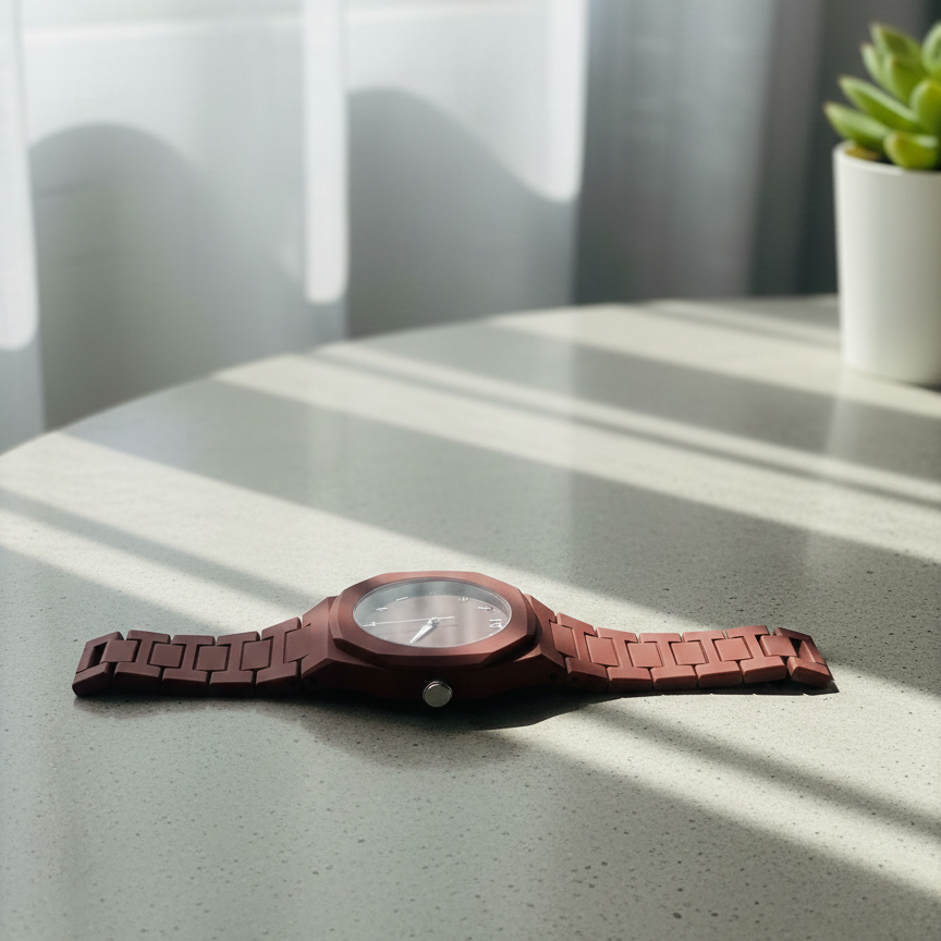 Elegant Minimalist Watch with Eastern Arabic Numerals & Integrated Octagonal Bezel Case - Modern Architectural Style Unisex Timepiece ( Maroon )